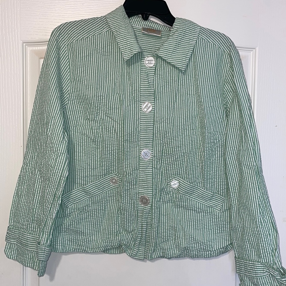 BAXTER AND WELLS Green White Striped Big Button Down Pockets Grandma Shirt Sz L